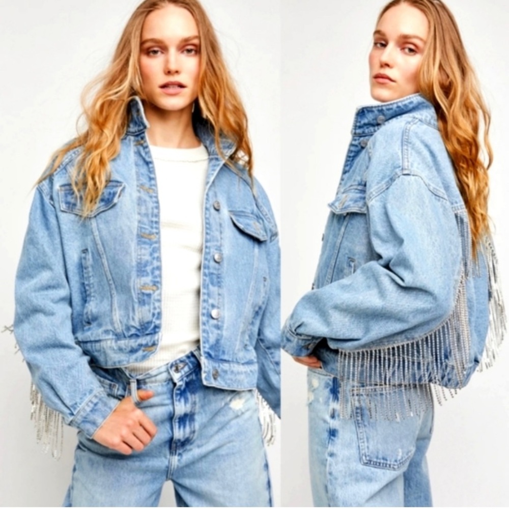 Free People Rhinestone Fringe Denim Bomber Jacket Meteor Wash XL - Picture 3 of 10